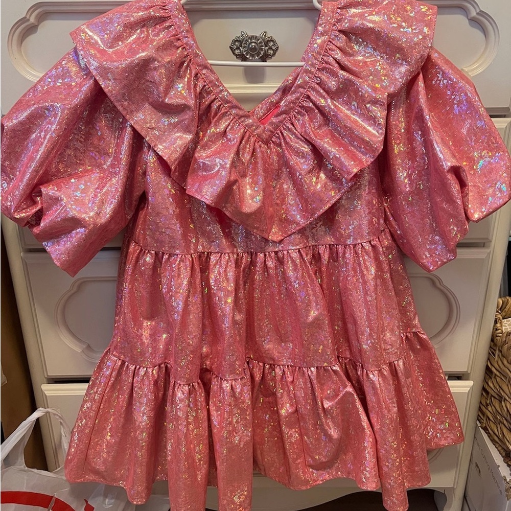 QUEEN OF SPARKLES Pink Metallic Ruffle Mini Dress
